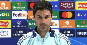 Arsenal manager Mikel Arteta speaks at a press conference.