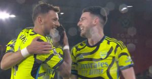 Ben White and Declan Rice celebrate another Arsenal goal at Sheffield United.