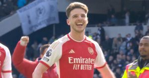 Declan Rice celebrates Arsenal's win at Tottenham