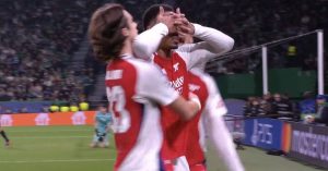 Gabriel celebrates scoring for Arsenal against Sporting