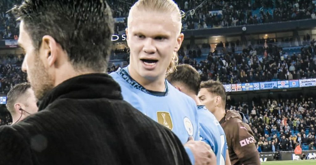 Erling Haaland shouts at Arsenal boss Mikel Arteta