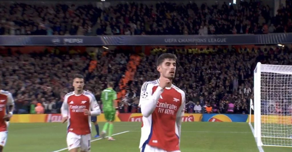 Arsenal striker Kai Havertz celebrates scoring against PSG in the Champions League