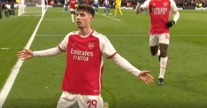 Kai Havertz celebrates scoring for Arsenal against Brighton.