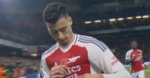 Gabriel Martinelli celebrates scoring for Arsenal against Chelsea.