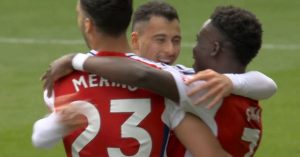 Gabriel Martinelli celebrate scoring for Arsenal against Ipswich.
