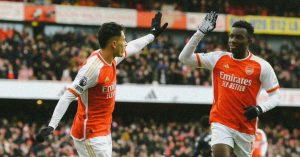Gabriel Martinelli and Eddie Nketiah celebrate an Arsenal goal