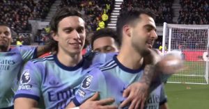 Arsenal celebrate Mikel Merino's goal at Brentford