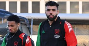 Ethan Nwaneri and David Raya of Arsenal.