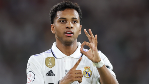 Real Madrid star Rodrygo celebrates a goal.